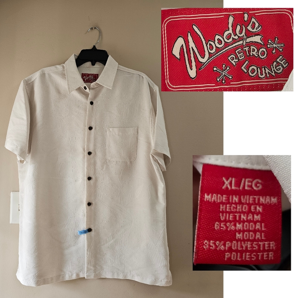 Woody's Retro Lounge Cream Tropical Floral Embossed Button Down Shirt - XL